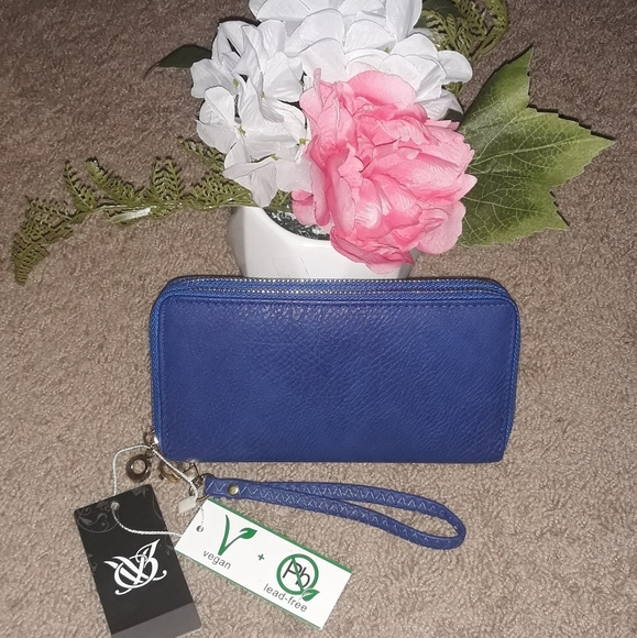Blue Double Gold Zipper Faux Leather Vegan Lead Free Wallet - Picture 1 of 5
